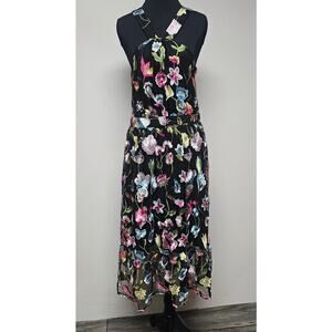 Cynthia Rowley Embroidered Halter Dress Floral Black Pink Romantic Beach Wedding